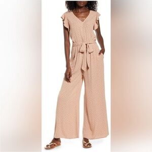 Billabong Tan and White Polka Dot overall jumpsuit